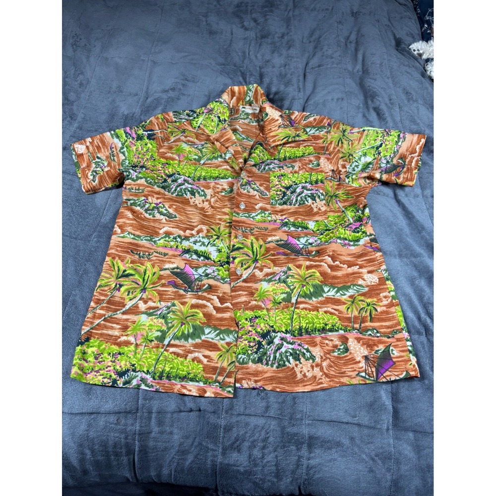 Waikiki Vintage Hawaiian‎ Shirt Mens Orange Tropical Sailboat Camp Korea 20.5x27